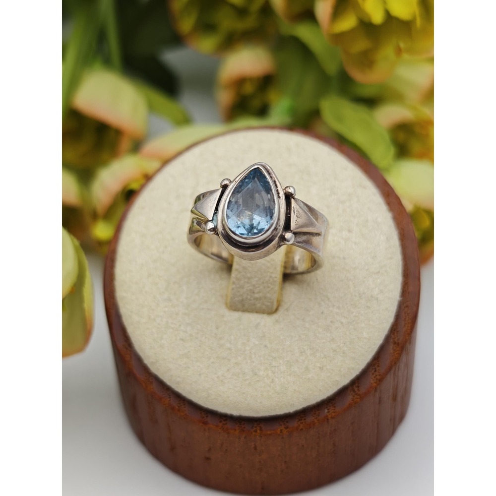 Boho Artisan Topaz Sterling Silver Ring Womens 4.5 Blue Pear Cut Statement Ring